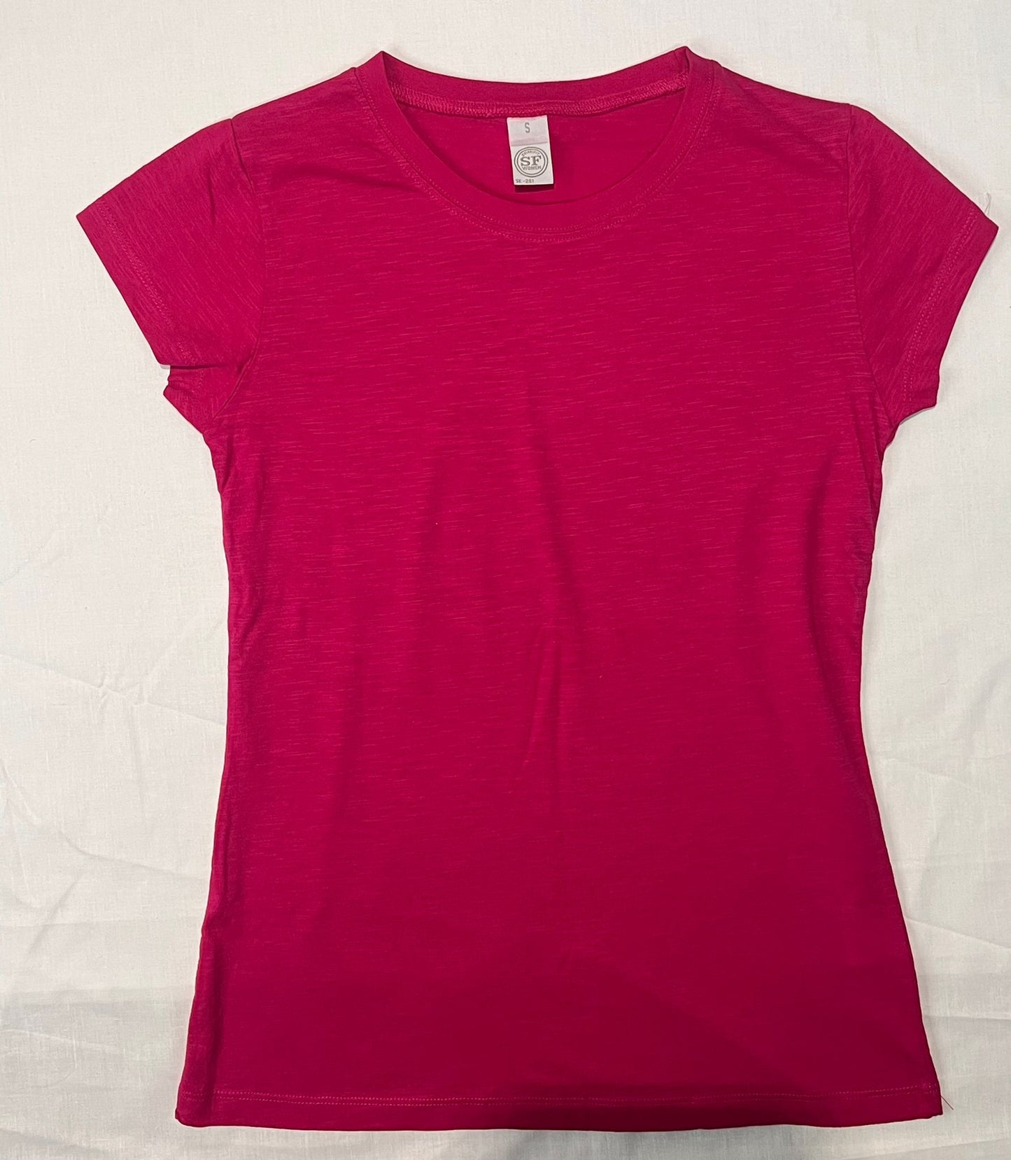 Ladies cotton crew neck t-shirt short sleeve top Bright pink .